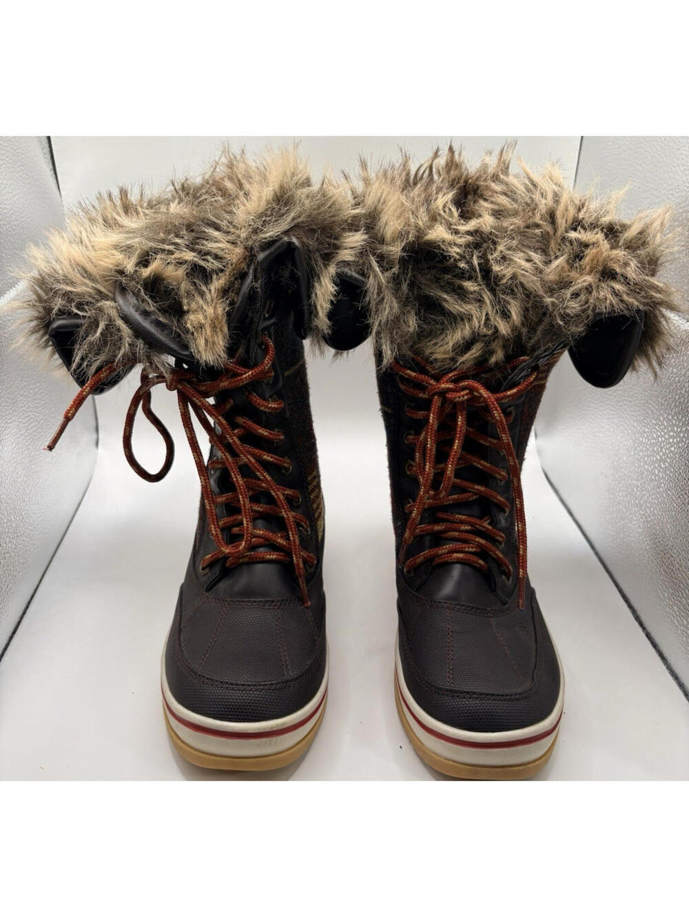 Celebrity Pink Mid-Calf Snow Boots Brown Aztec Faux Fur Lace-Up 7M Women